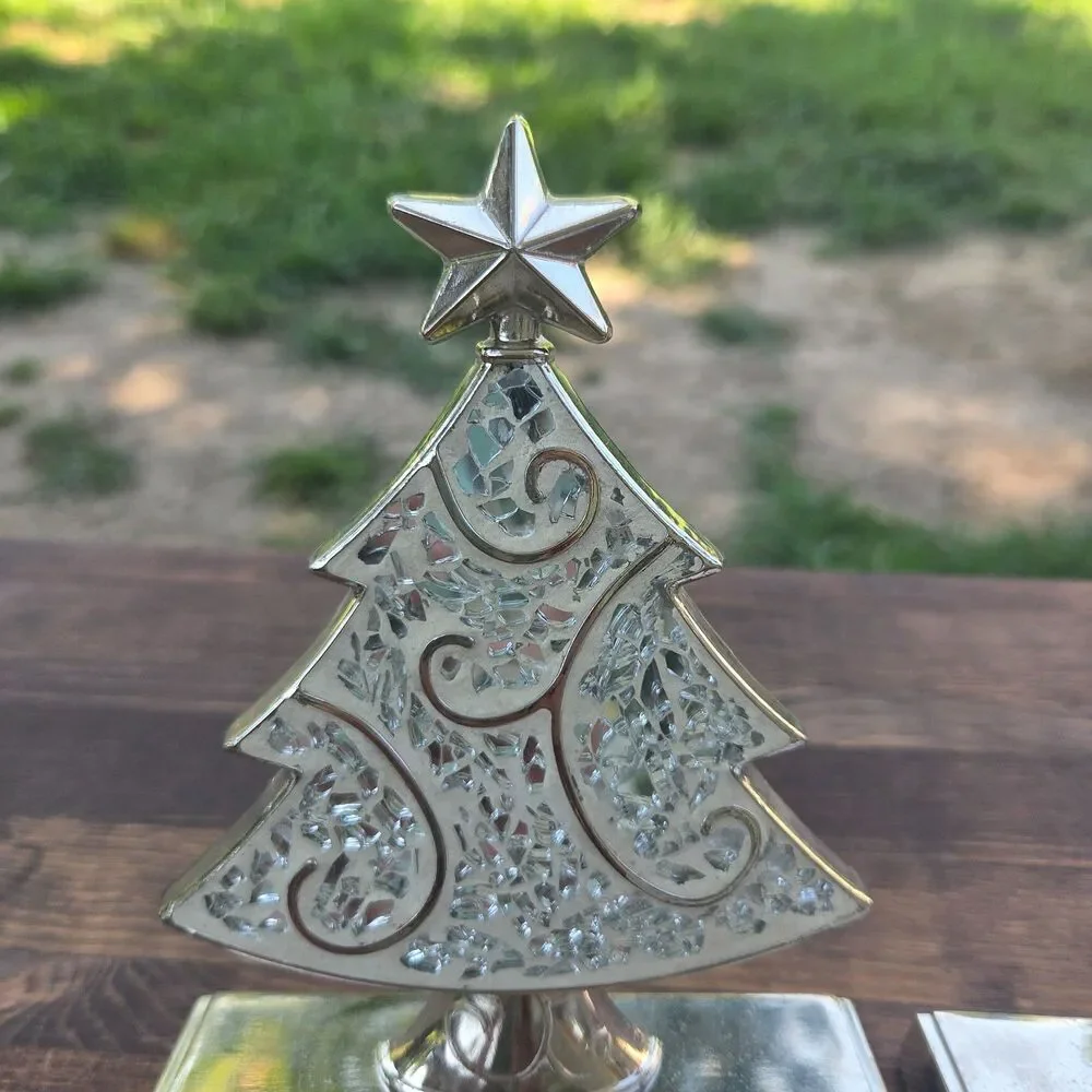 Set of 2 Silver Glass Mosaic Stocking Holders Reindeer Christmas Tree Mantel